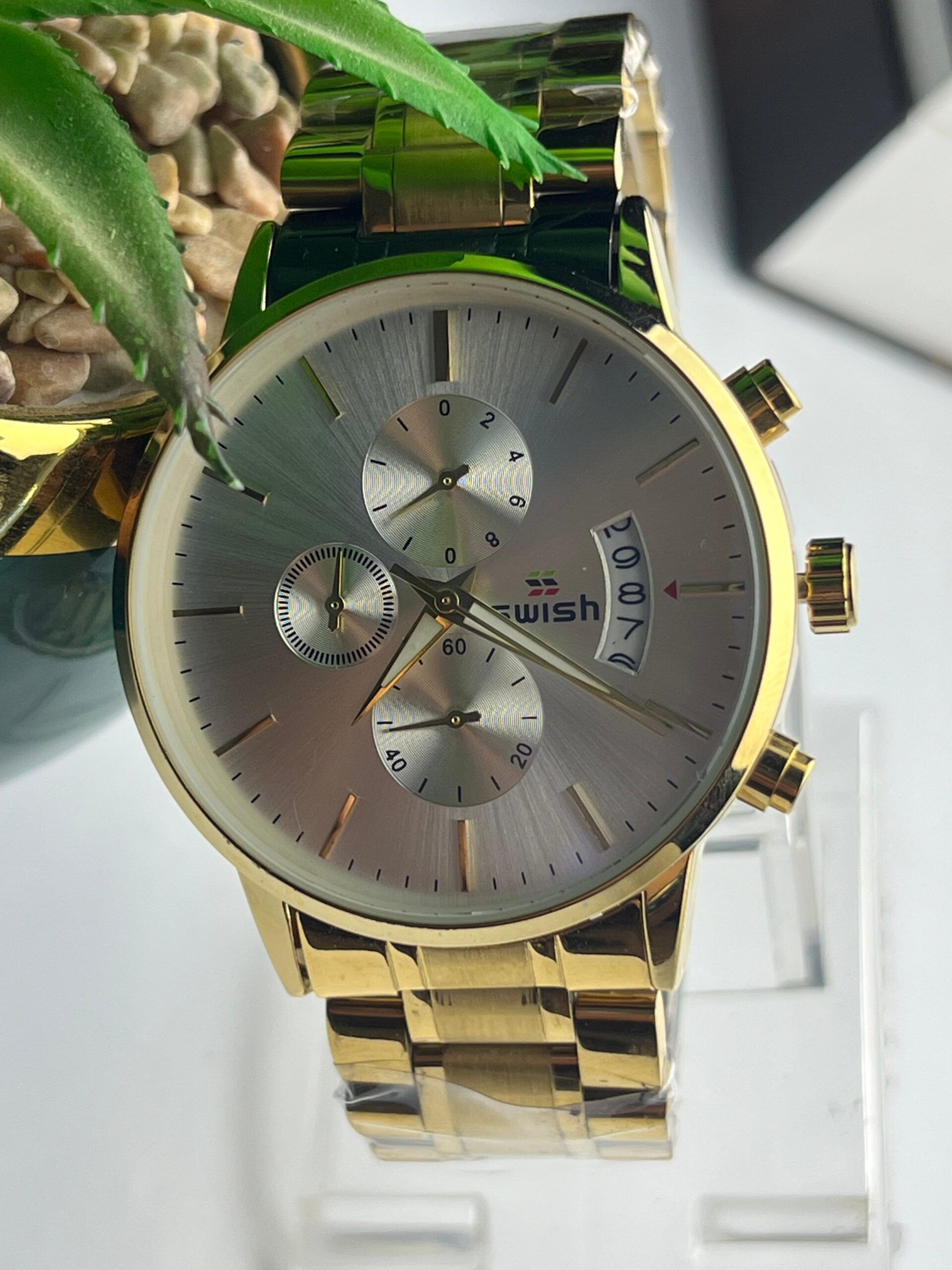 SWISH WATCH: Gold and Silver Sunburst Dial Chronograph for Him - Image 3
